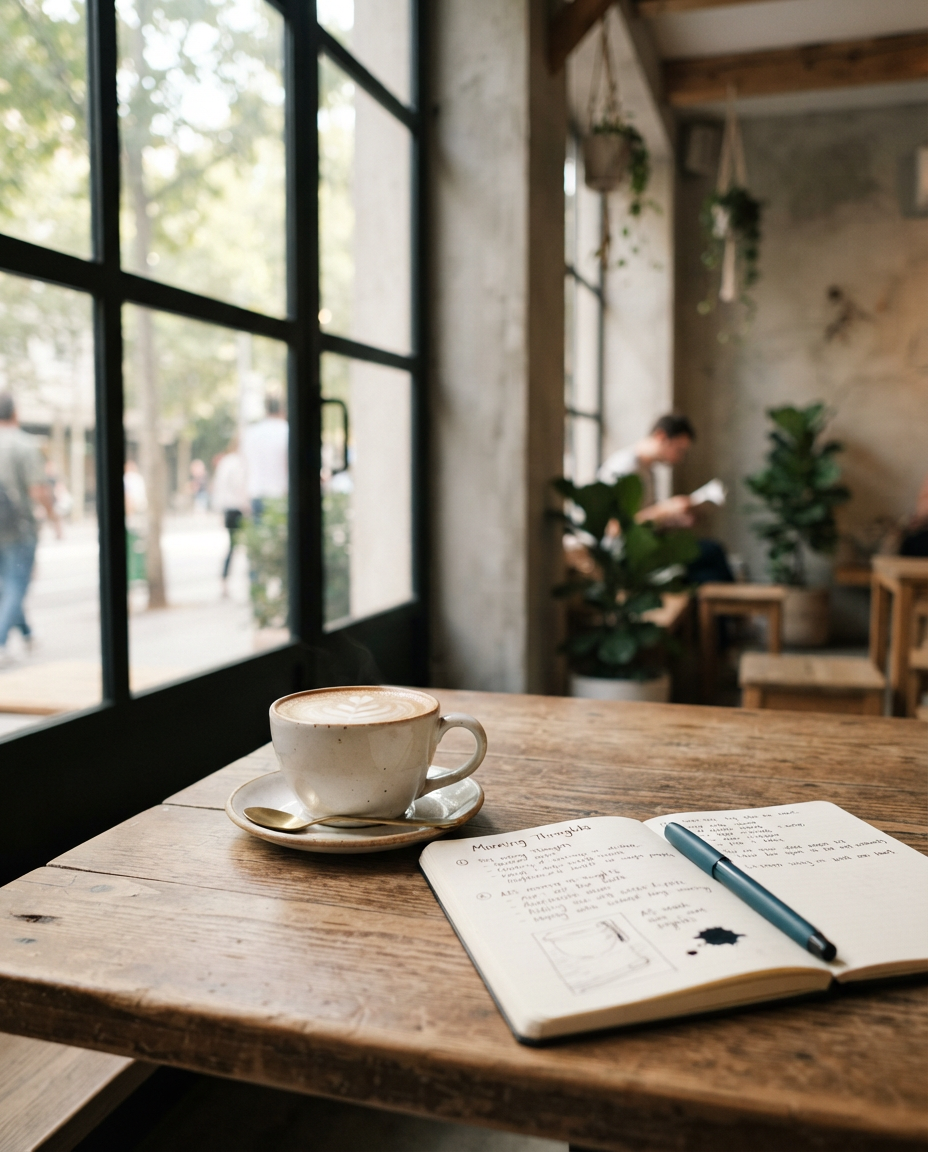 A quiet window-lit corner inside Brew Haven with a cup of coffee on a wooden table